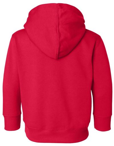 Am image of a Custom Rabbit Skins Toddler Pullover Fleece Hoodie in Red!