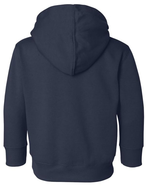 Am image of a Custom Rabbit Skins Toddler Pullover Fleece Hoodie in Navy!
