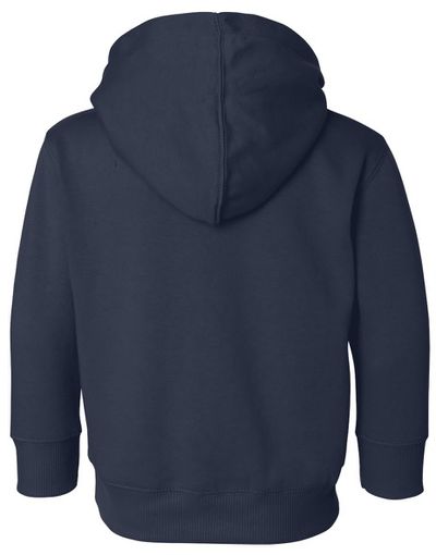 Am image of a Custom Rabbit Skins Toddler Pullover Fleece Hoodie in Navy!