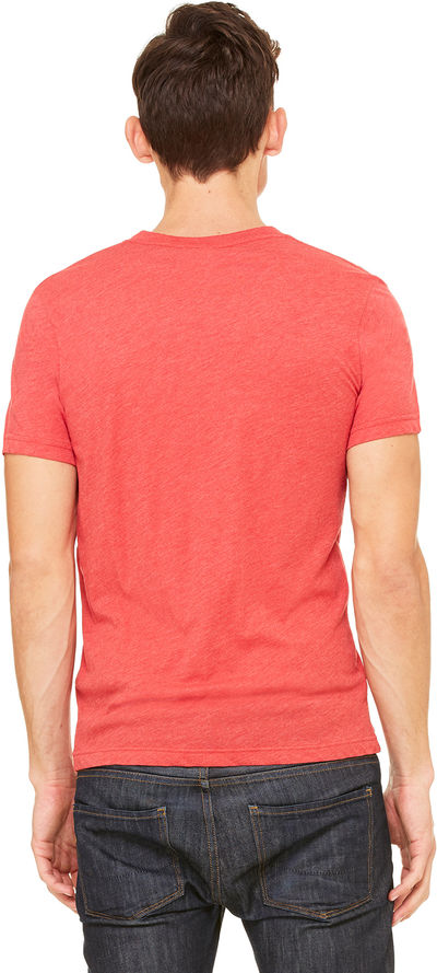 Am image of a Custom Bella and Canvas Unisex Triblend V Neck T Shirt in Red Triblend!