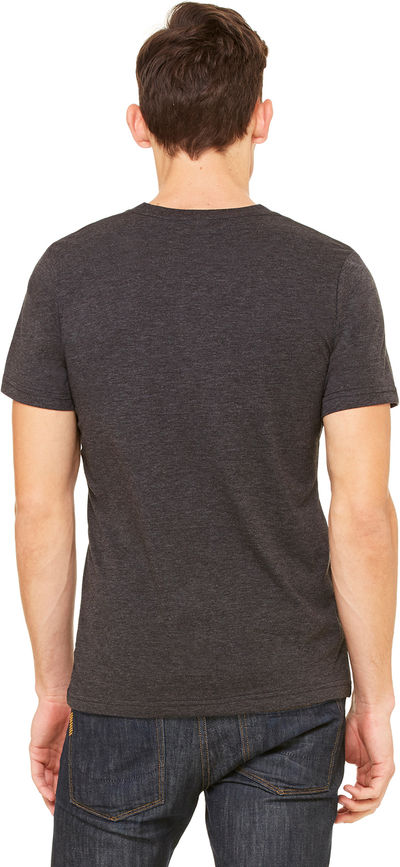 Am image of a Custom Bella and Canvas Unisex Triblend V Neck T Shirt in Char-black Trib!