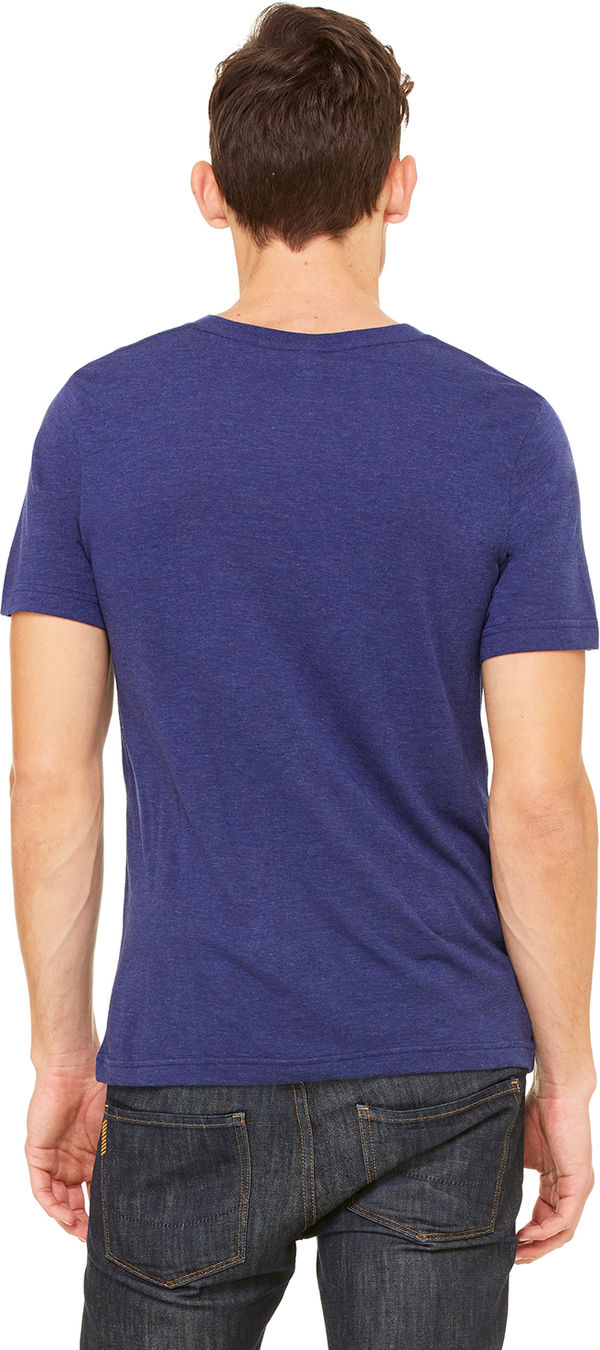 Am image of a Custom Bella and Canvas Unisex Triblend V Neck T Shirt in Navy Triblend!