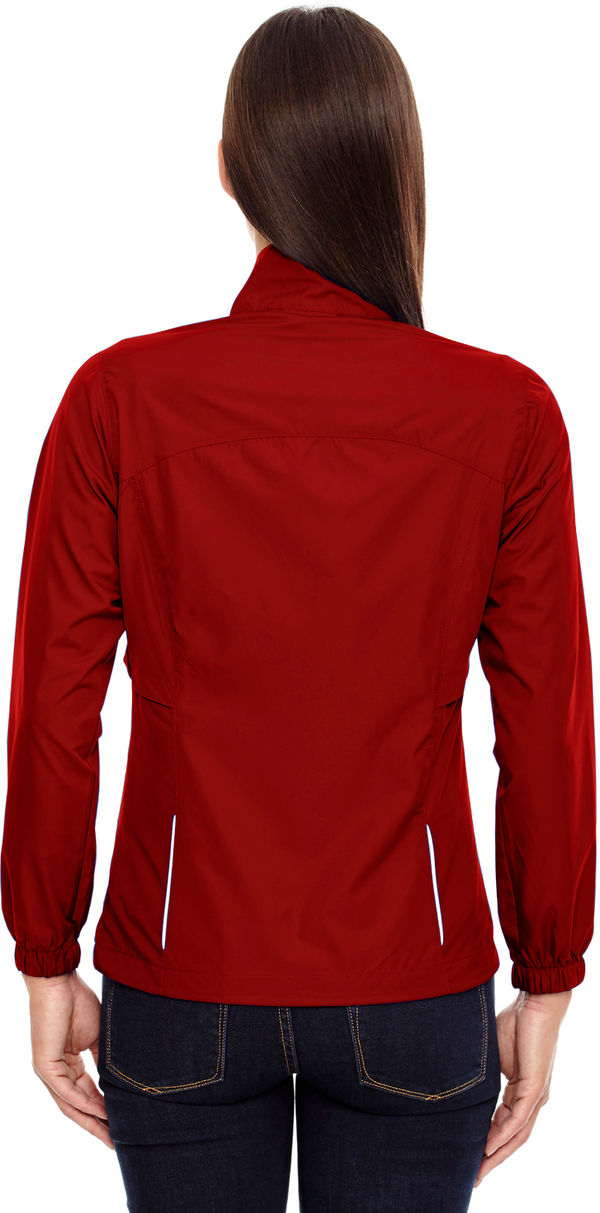 Am image of a Custom Core 365 Motivate Unlined Lightweight Ladies Jacket in Classic Red!