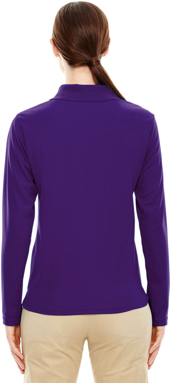 Am image of a Custom Core 365 Ladies' Pinnacle Performance Long Sleeve Pique Polo in Campus Prple 427!