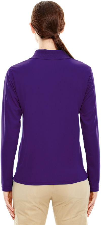Am image of a Custom Core 365 Ladies' Pinnacle Performance Long Sleeve Pique Polo in Campus Prple 427!