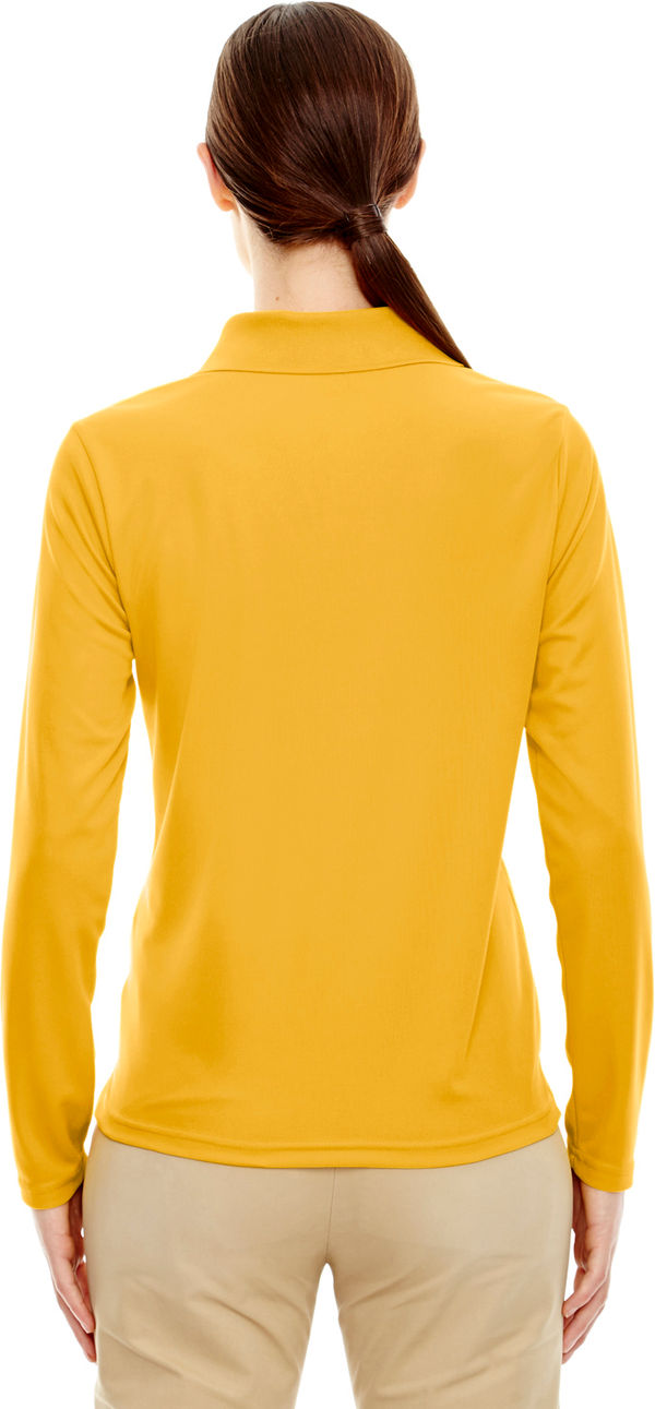 Am image of a Custom Core 365 Ladies' Pinnacle Performance Long Sleeve Pique Polo in Campus Gold 444!