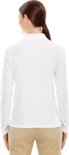 Am image of a Custom Core 365 Ladies' Pinnacle Performance Long Sleeve Pique Polo in White 701!