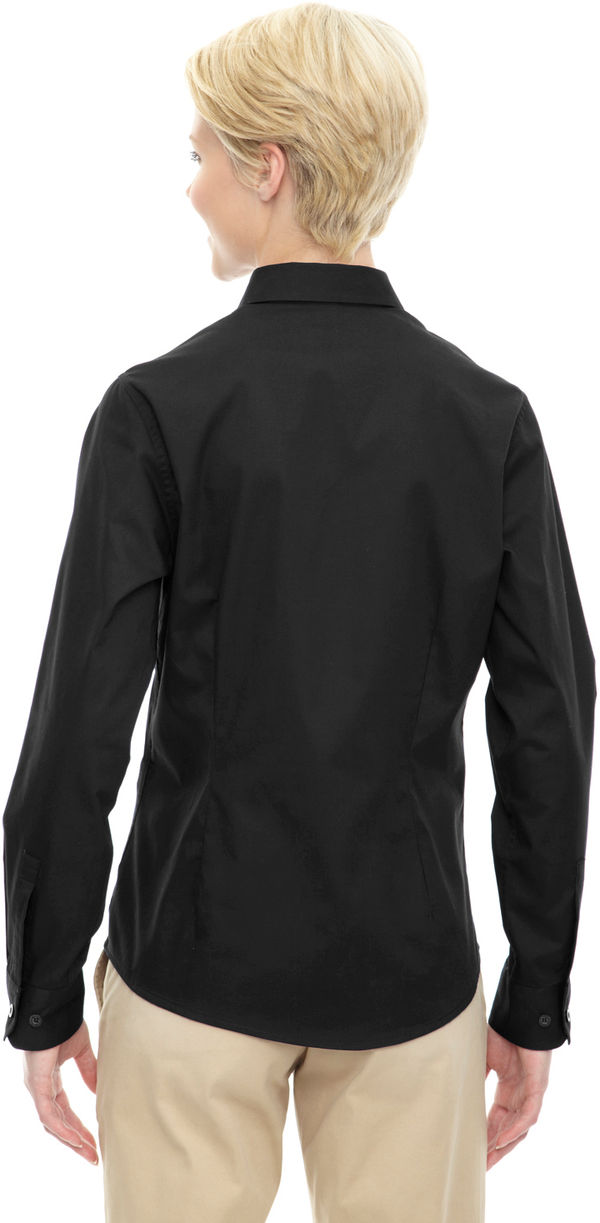 Am image of a Custom Core 365 Ladies' Operate Long Sleeve Twill Shirt in Black 703!