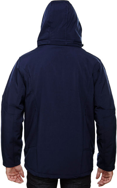 Am image of a Custom North End Men's Glacier Insulated Three Layer Fleece Bonded Soft Shell Jacket with Detachable Hood in Classic Navy!