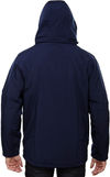 Am image of a Custom North End Men's Glacier Insulated Three Layer Fleece Bonded Soft Shell Jacket with Detachable Hood in Classic Navy!