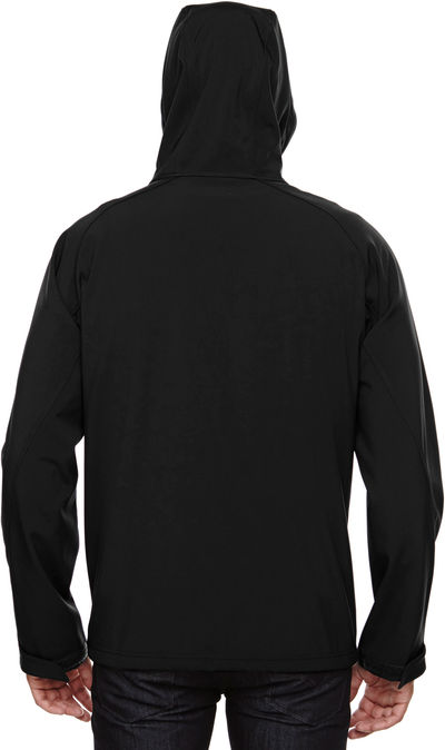 Am image of a Custom North End Men's Prospect Two Layer Fleece Bonded Soft Shell Hooded Jacket in Black!