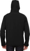 Am image of a Custom North End Men's Prospect Two Layer Fleece Bonded Soft Shell Hooded Jacket in Black!
