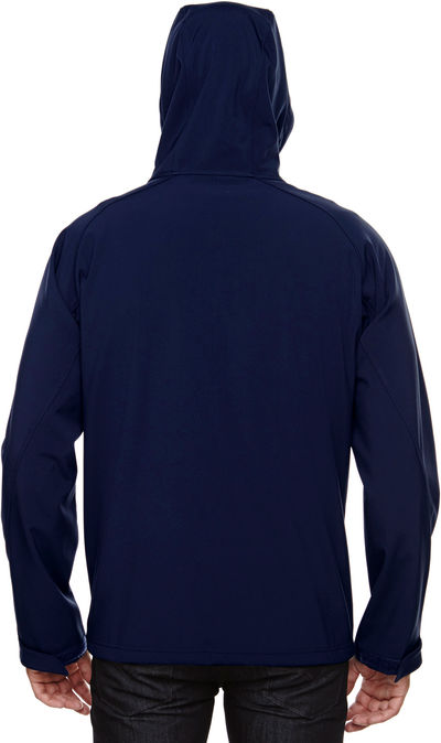 Am image of a Custom North End Men's Prospect Two Layer Fleece Bonded Soft Shell Hooded Jacket in Classic Navy!