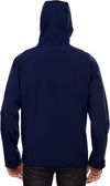 Am image of a Custom North End Men's Prospect Two Layer Fleece Bonded Soft Shell Hooded Jacket in Classic Navy!