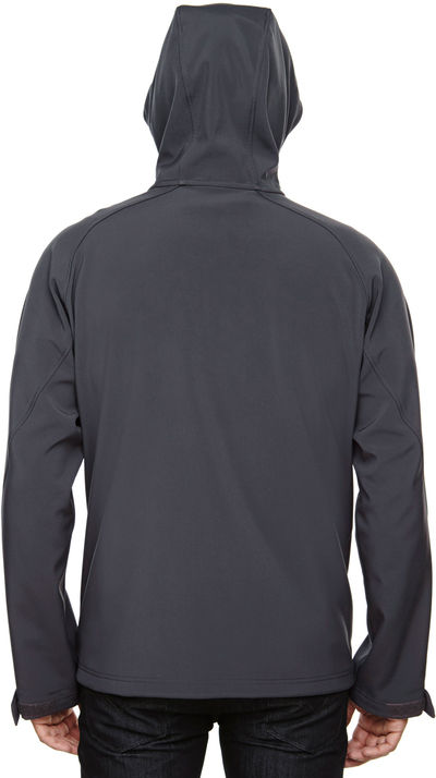 Am image of a Custom North End Men's Prospect Two Layer Fleece Bonded Soft Shell Hooded Jacket in Fossil Grey!