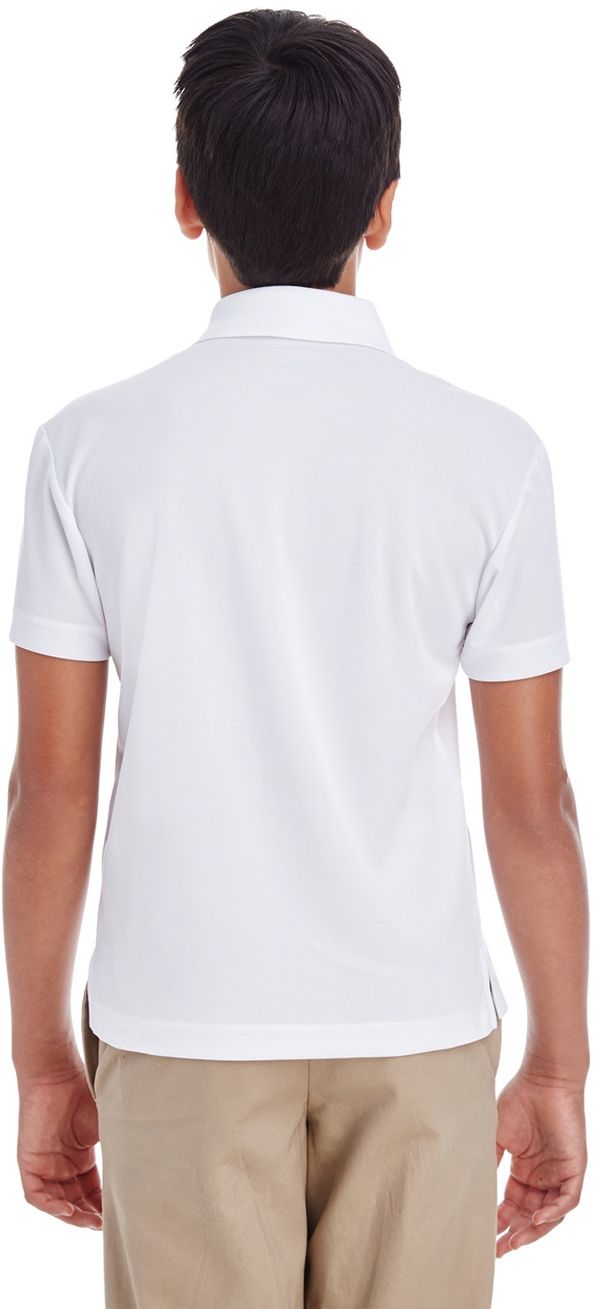 Am image of a Custom Core 365 Youth Origin Performance Pique Polo in White!