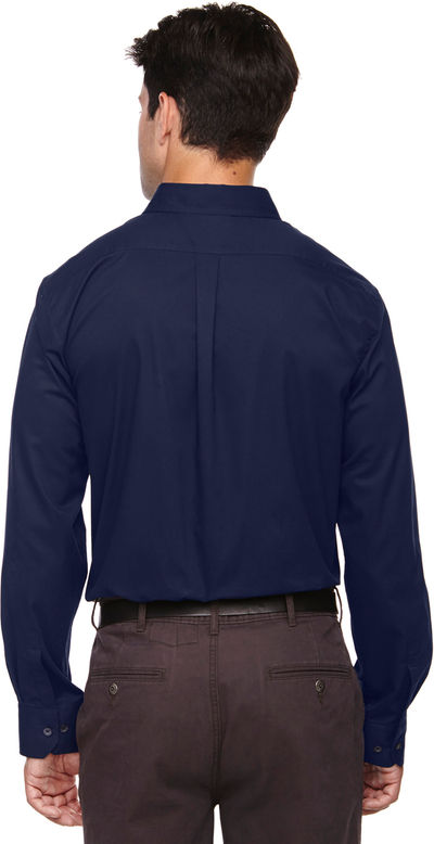 Am image of a Custom Core365 Men's Operate Long Sleeve Twill Shirt in Classic Navy!