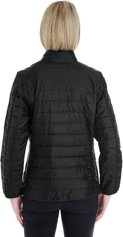 Am image of a Custom Core 365 Ladies' Prevail Packable Puffer Jacket in Black!