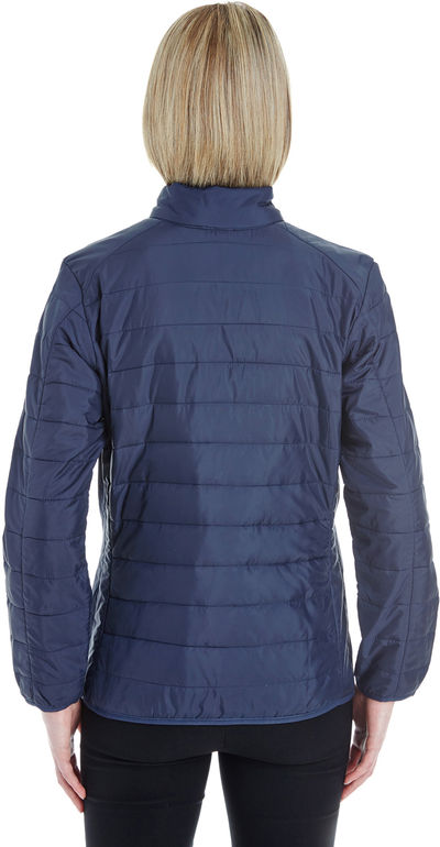 Am image of a Custom Core 365 Ladies' Prevail Packable Puffer Jacket in Classic Navy!