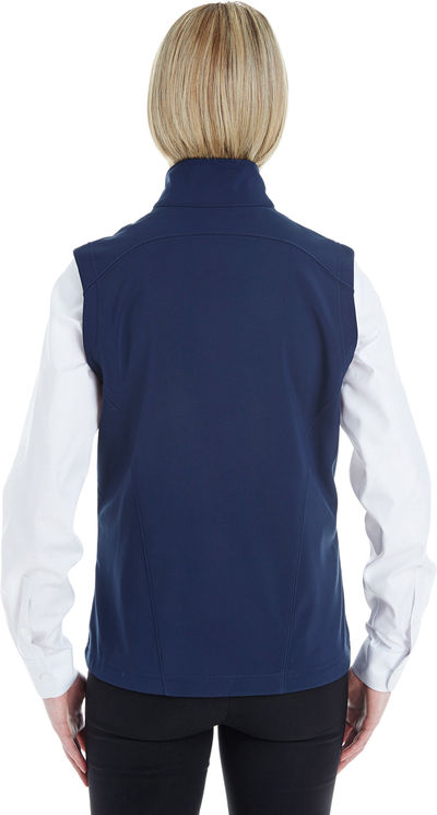 Am image of a Custom Core 365 Ladies' Cruise Two Layer Fleece Bonded Soft Shell Vest in Classic Navy!