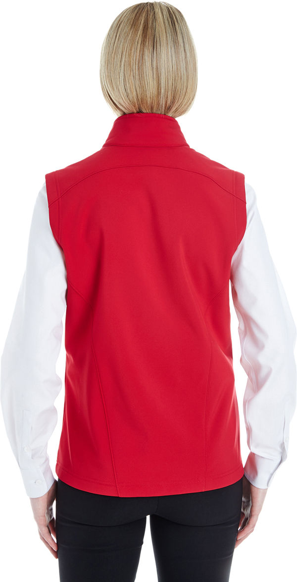 Am image of a Custom Core 365 Ladies' Cruise Two Layer Fleece Bonded Soft Shell Vest in Classic Red!
