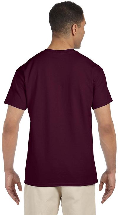 Am image of a Custom Gildan Ultra Cotton Pocket T Shirt in Maroon!