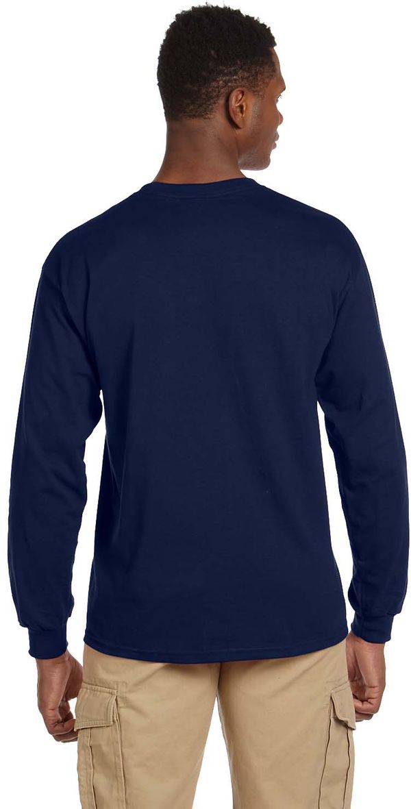 Am image of a Custom Gildan Ultra Cotton Long Sleeve Pocket T Shirt in Navy!