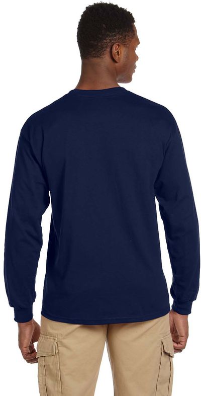 Am image of a Custom Gildan Ultra Cotton Long Sleeve Pocket T Shirt in Navy!