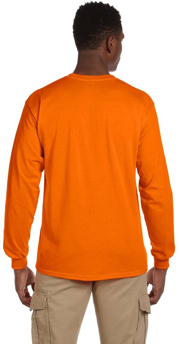 Am image of a Custom Gildan Ultra Cotton Long Sleeve Pocket T Shirt in Safety Orange!