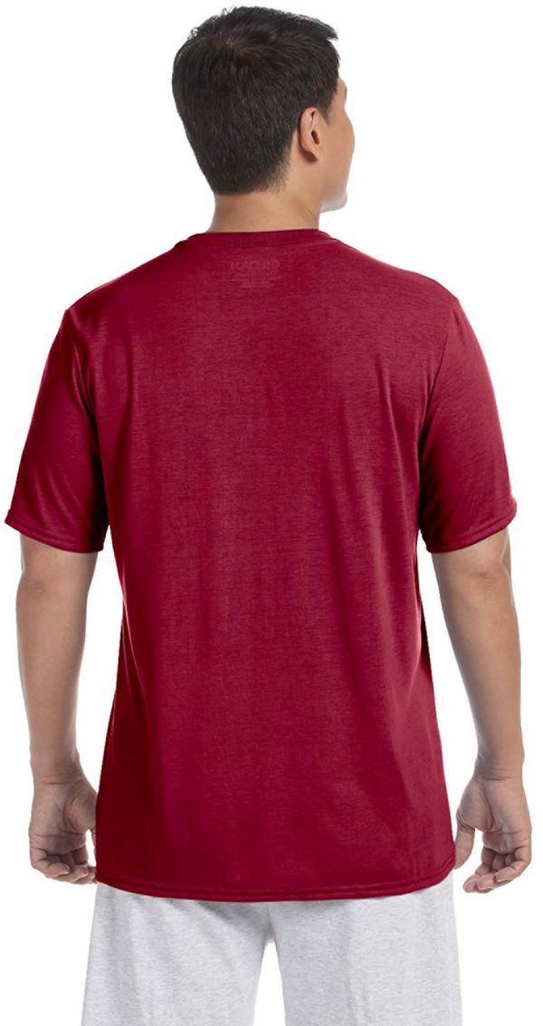 Am image of a Custom Gildan Performance T shirt in Cardinal Red!