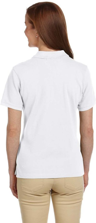 Am image of a Custom Harriton Ladies' Ringspun Cotton Pique Short Sleeve Polo in White!