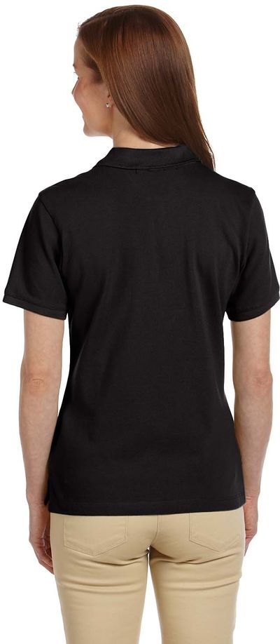 Am image of a Custom Harriton Ladies' Ringspun Cotton Pique Short Sleeve Polo in Black!