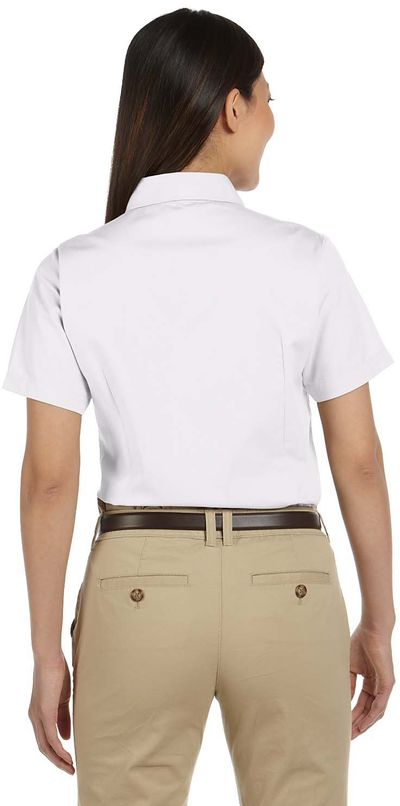 Am image of a Custom Harriton Ladies' Easy Blend Short Sleeve Twill Shirt with Stain Release in White!