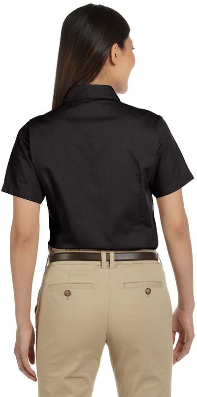 Am image of a Custom Harriton Ladies' Easy Blend Short Sleeve Twill Shirt with Stain Release in Black!