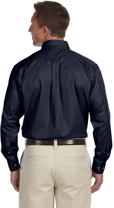 Am image of a Custom Harriton Men's Easy Blend Long Sleeve Twill Shirt with Stain Release in Navy!