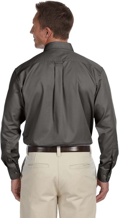 Am image of a Custom Harriton Men's Easy Blend Long Sleeve Twill Shirt with Stain Release in Dark Grey!
