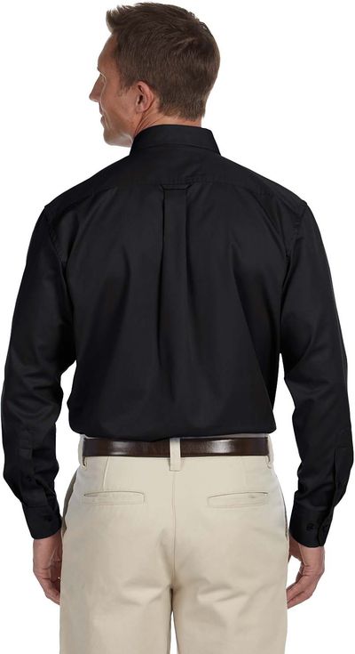 Am image of a Custom Harriton Men's Easy Blend Long Sleeve Twill Shirt with Stain Release in Black!