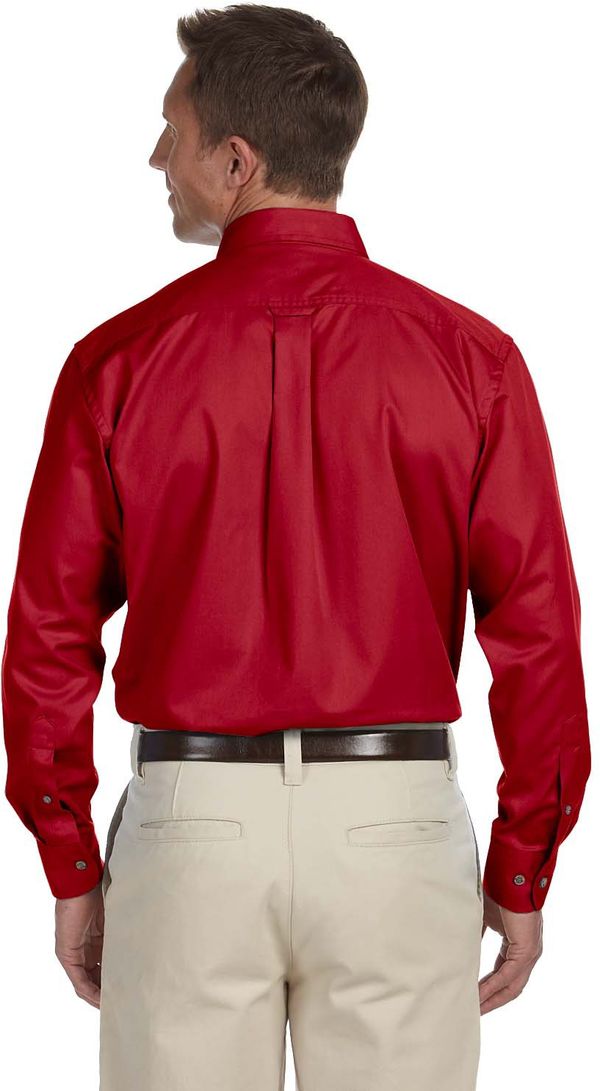 Am image of a Custom Harriton Men's Easy Blend Long Sleeve Twill Shirt with Stain Release in Red!