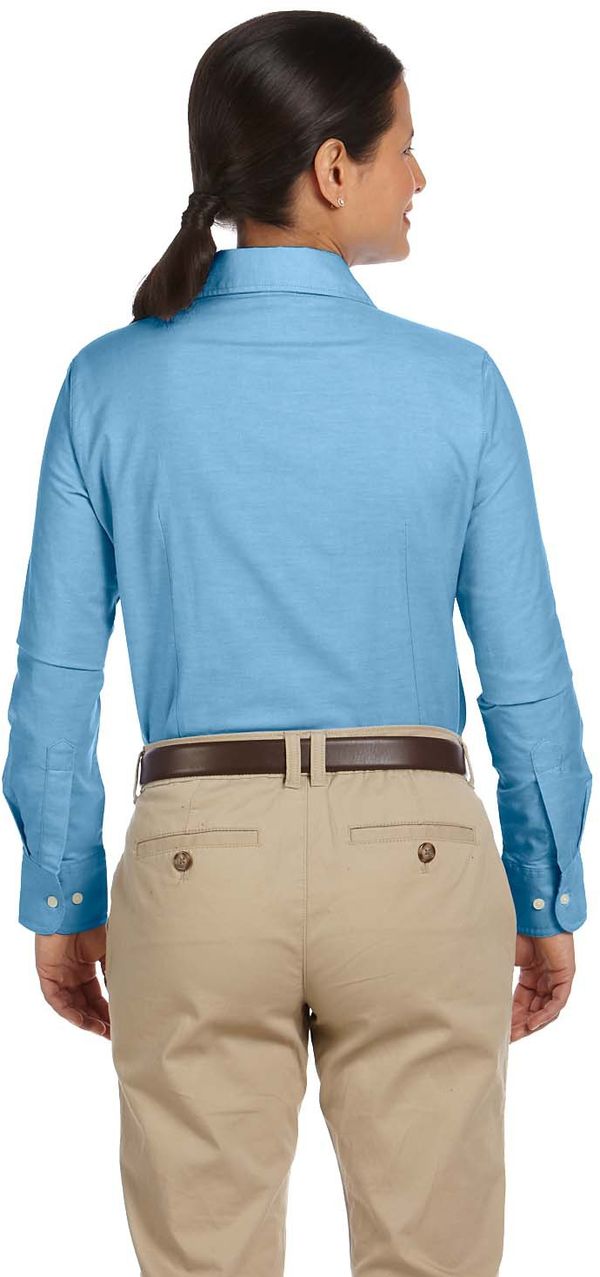 Am image of a Custom Harriton Ladies' Long Sleeve Oxford with Stain Release in Light Blue!