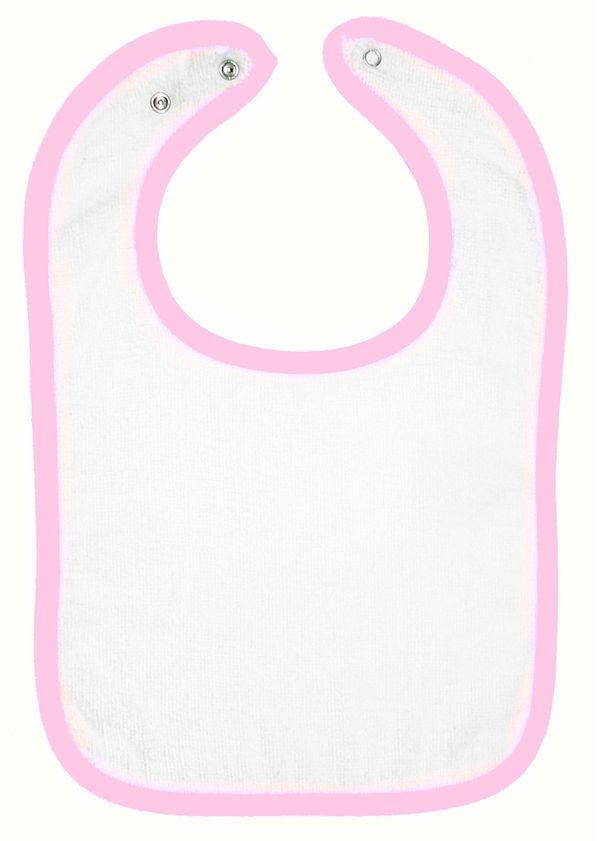 Am image of a Custom Rabbit Skins Terry Snap Bib in White/ Pink!