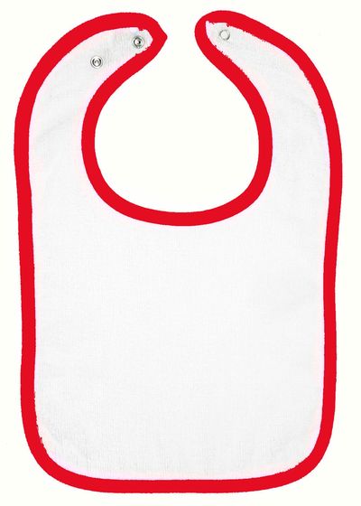 Am image of a Custom Rabbit Skins Terry Snap Bib in White/ Red!