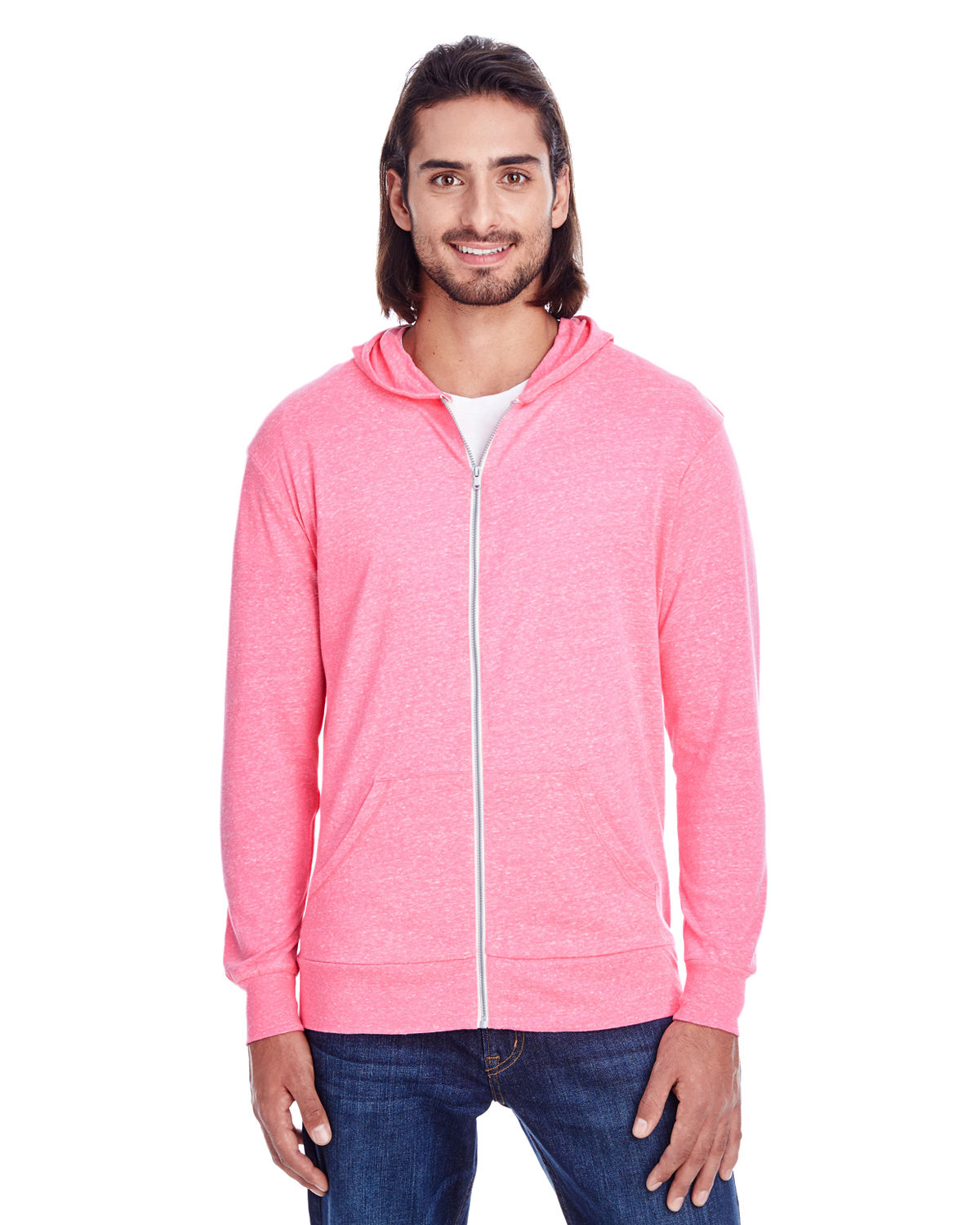 Threadfast Unisex Triblend Full Zip Light Hoodie in Neon Pink Triblend