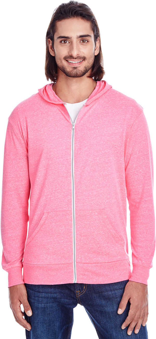 Am image of a Custom Threadfast Unisex Triblend Full Zip Light Hoodie in Neon Pink Triblend!