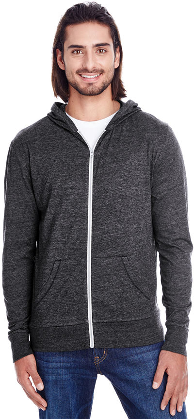 Am image of a Custom Threadfast Unisex Triblend Full Zip Light Hoodie in Black Triblend!