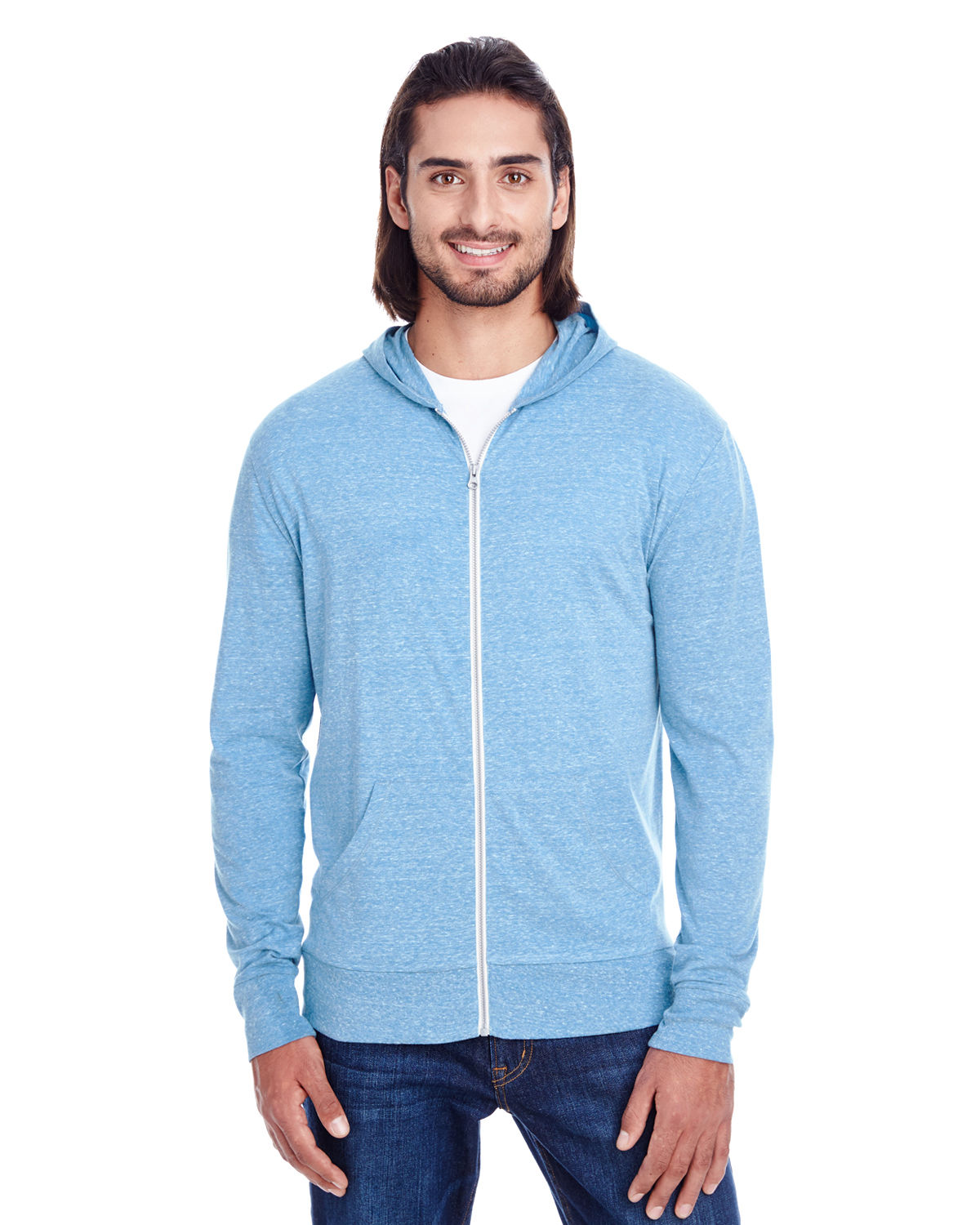 Threadfast Unisex Triblend Full Zip Light Hoodie in Royal Triblend