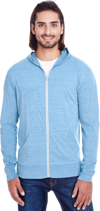 Am image of a Custom Threadfast Unisex Triblend Full Zip Light Hoodie in Royal Triblend!