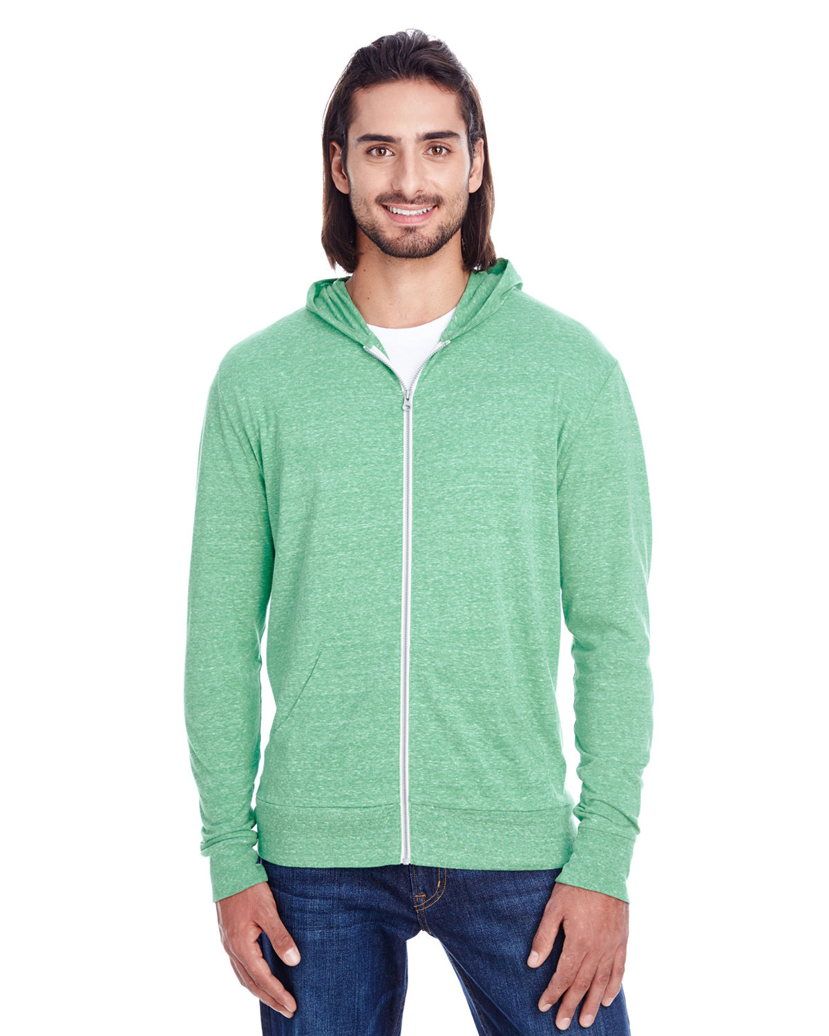 Threadfast Unisex Triblend Full Zip Light Hoodie in Green Triblend