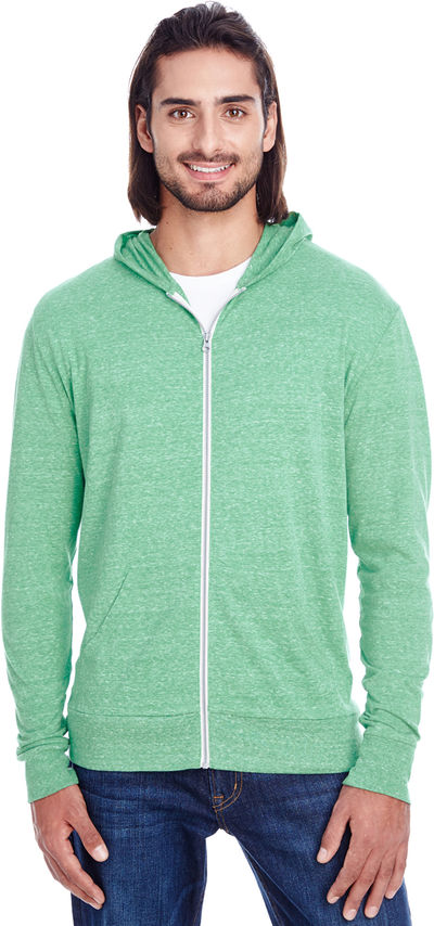 Am image of a Custom Threadfast Unisex Triblend Full Zip Light Hoodie in Green Triblend!