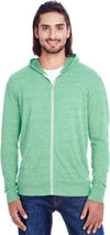 Am image of a Custom Threadfast Unisex Triblend Full Zip Light Hoodie in Green Triblend!