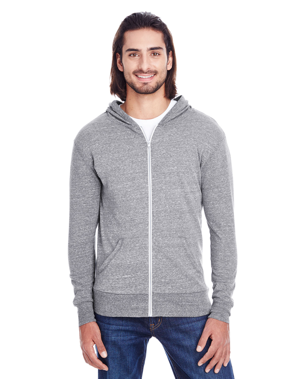 Threadfast Unisex Triblend Full Zip Light Hoodie in Grey Triblend